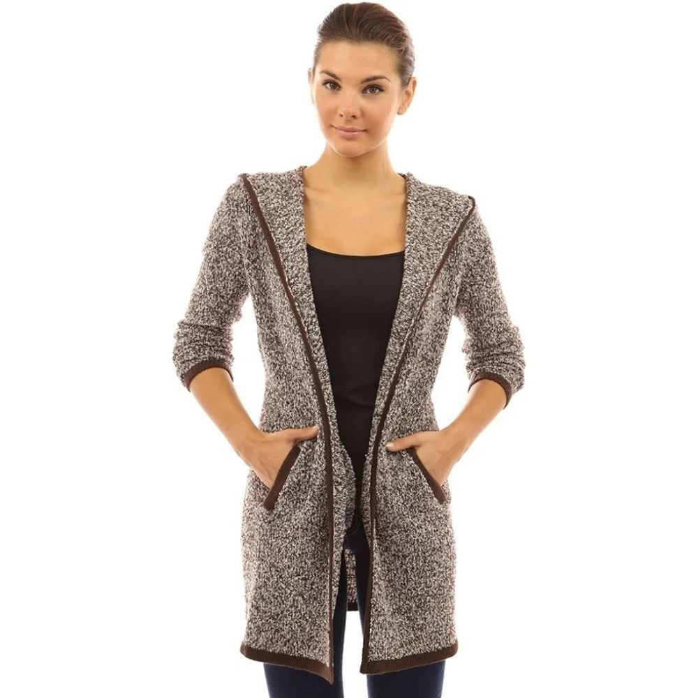 🩵Brown & White Variegated Knit Trim Open Front Hooded Cardigan Large